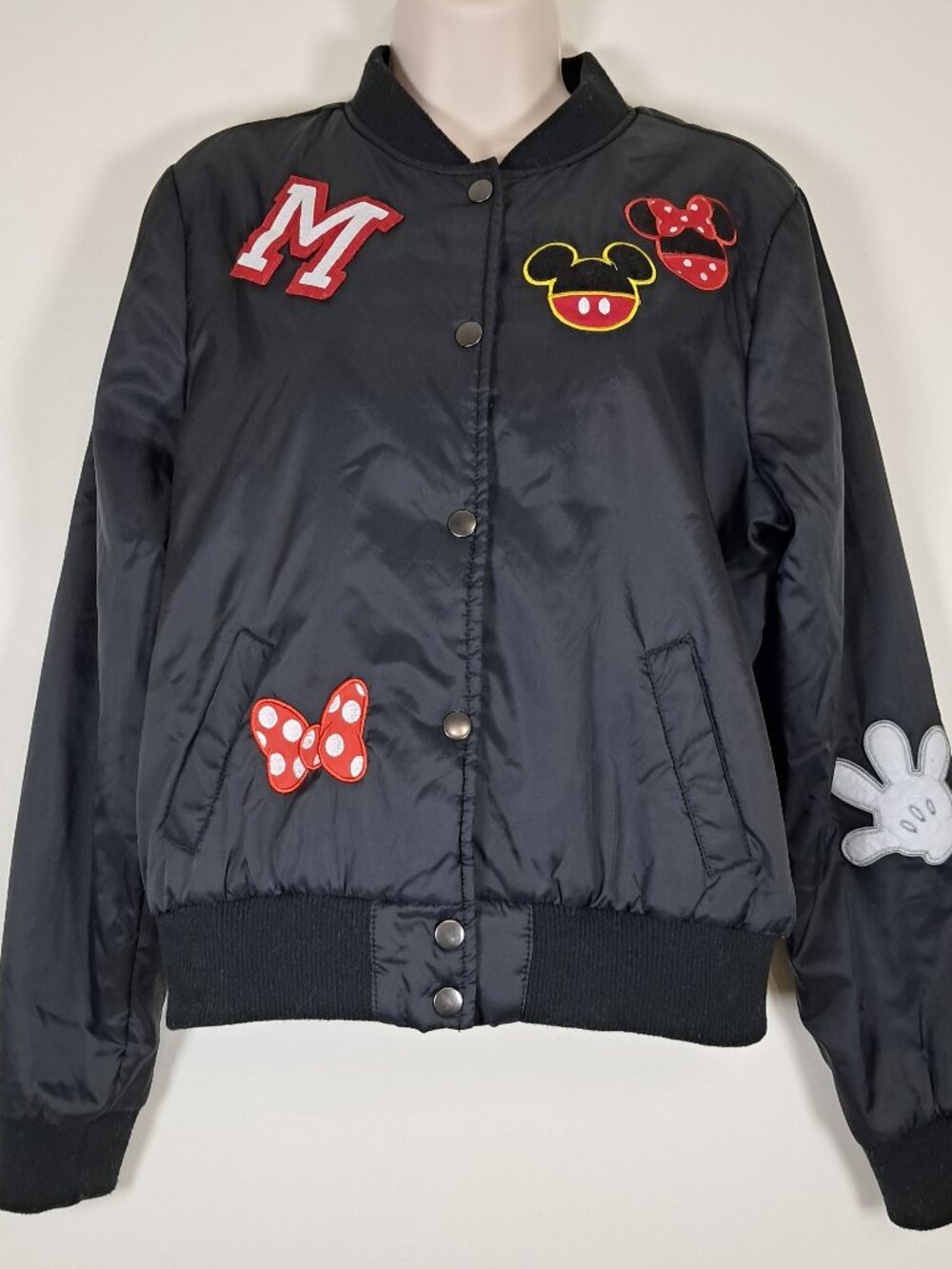 Disney Mickey & Minnie Mouse Varsity Jacket Women's M Black Patches Lined